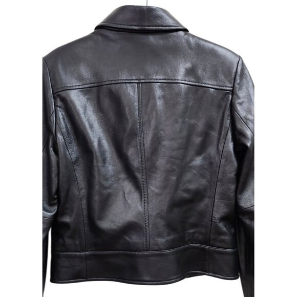 SISLEY Women’s Black Leather Moto Jacket Zip Front Diagonal Pockets Classic 44 - Picture 5 of 11